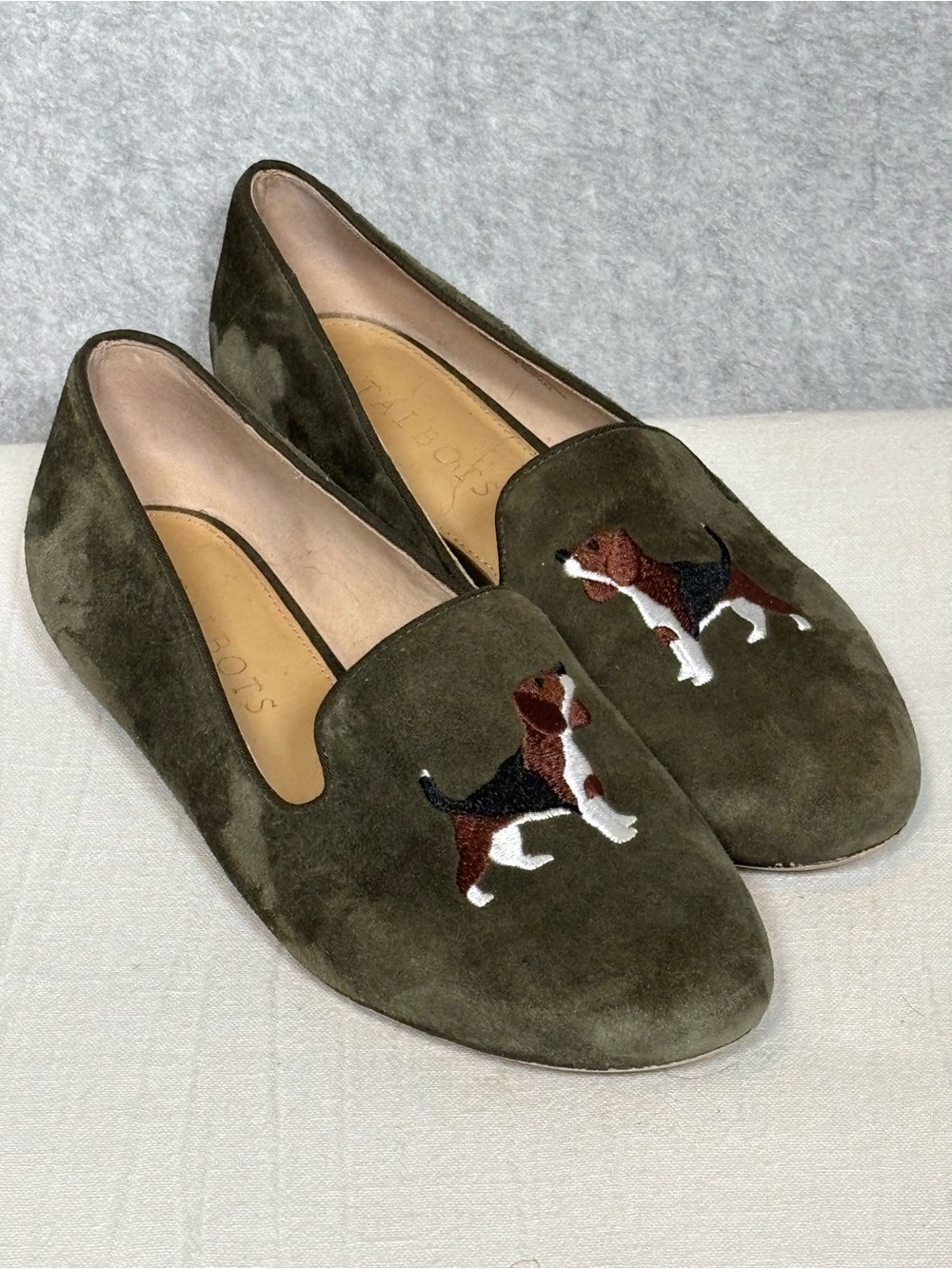 Talbots Ryan Beagle Dog Embroidered Suede Loafers-Olive/Khaki Green-Women Size 6